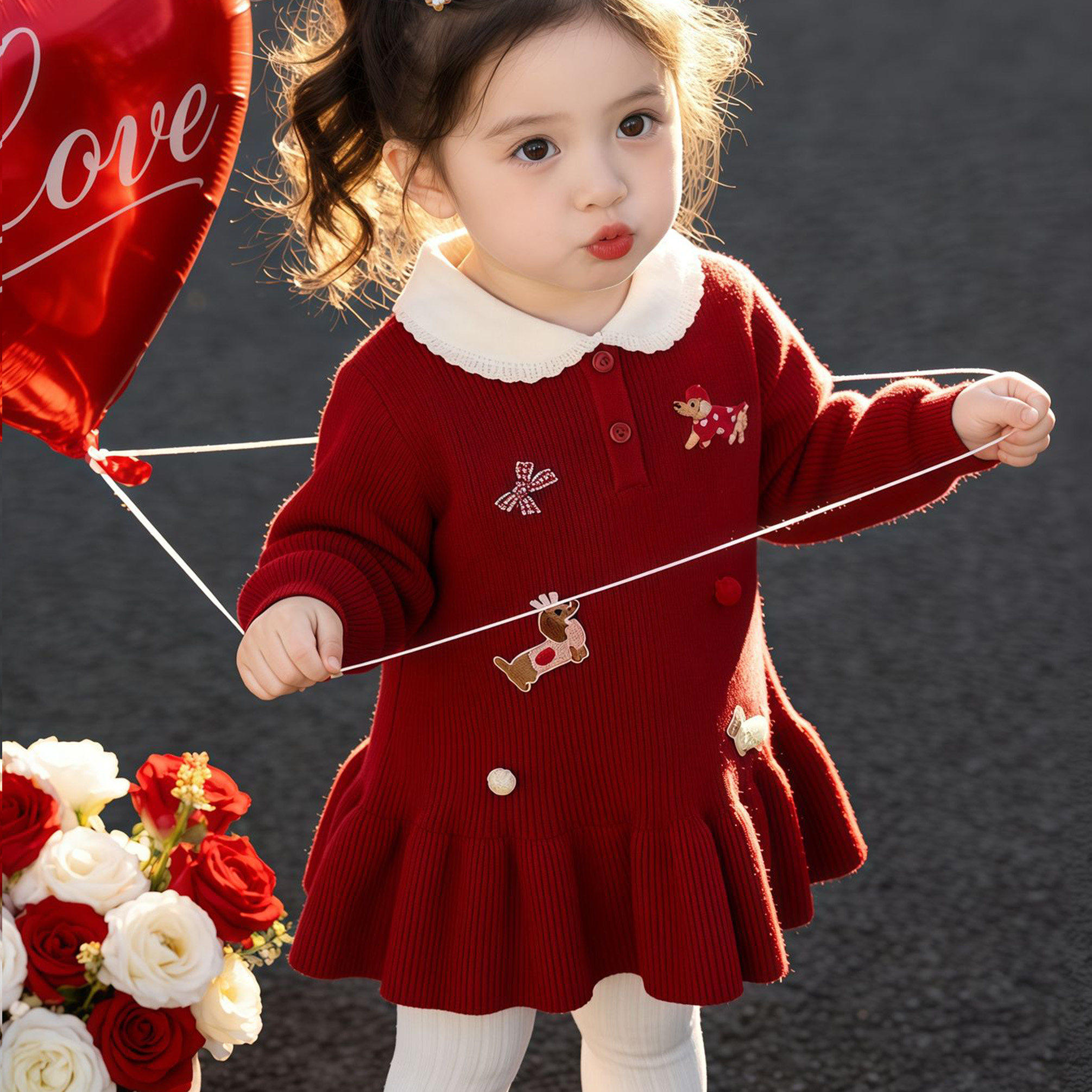 女童秋冬加绒针织衫毛衣裙洋气红色女孩时髦周岁新年公主连衣裙子