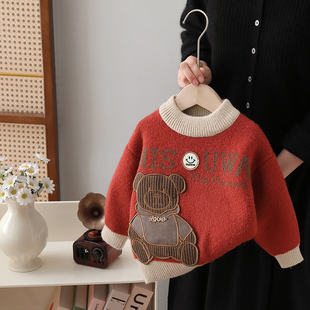 儿童加绒加厚一体绒毛衣男童冬季卡通针织打底衫男宝宝羊羔绒上衣