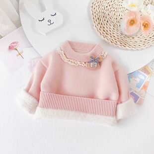 女童加绒毛衣一体绒秋冬儿童洋气中小童加厚羊羔绒套头女孩打底衫