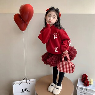 红色年服针织衫毛衣女童tutu裙秋冬新款加绒套装女宝宝网纱蓬蓬裙