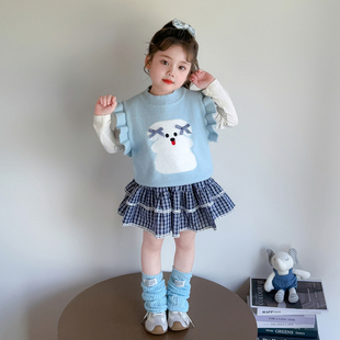 女童卡通连衣裙套装春秋装洋气儿童针织马甲裙女孩两件套公主裙子