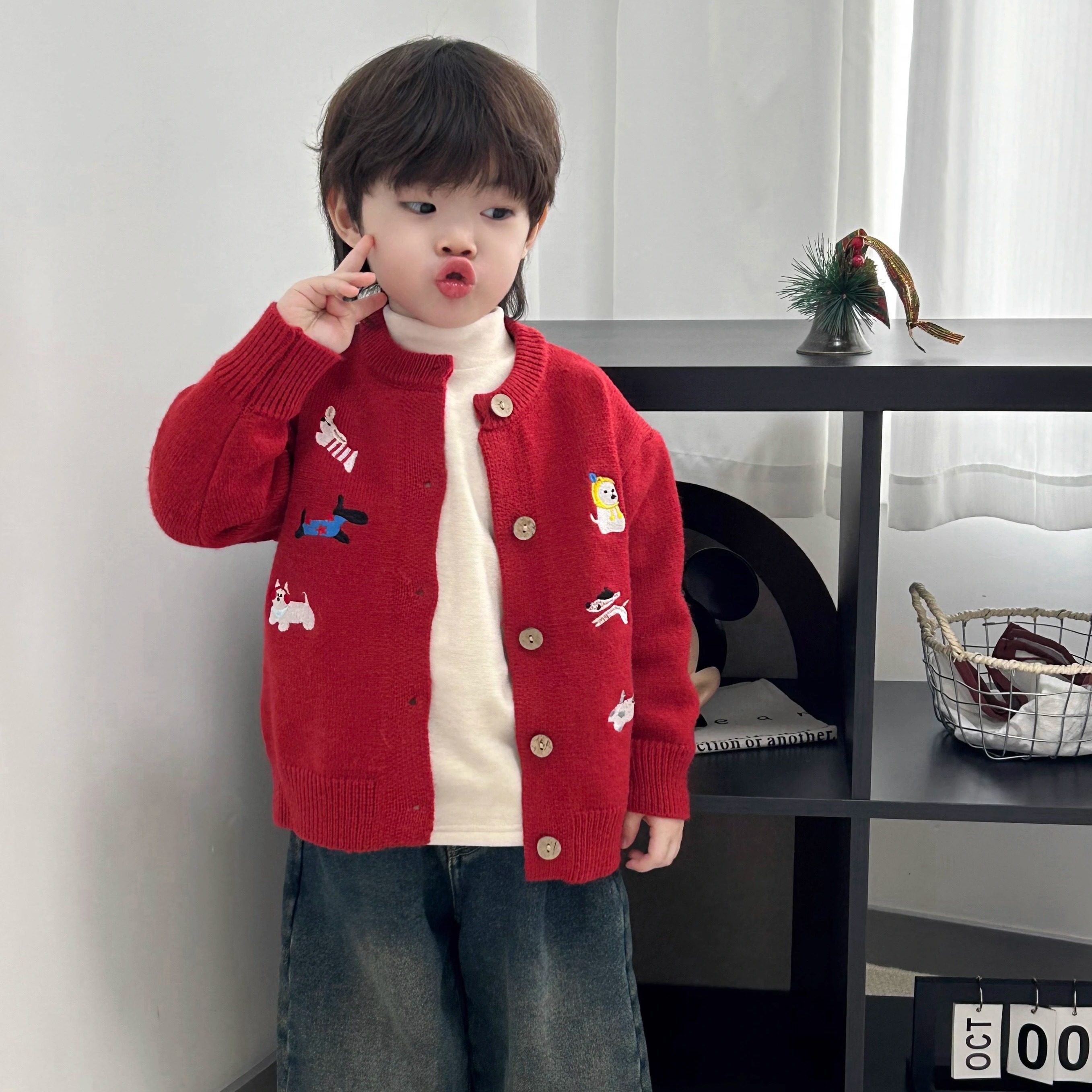儿童卡通毛衣开衫春秋季新款男女童装百搭洋气刺绣小狗针织衫上衣