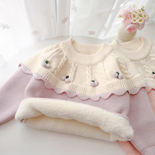 女童加绒加厚毛衣一体绒小童冬装宝宝2025新款儿童保暖针织打底衫