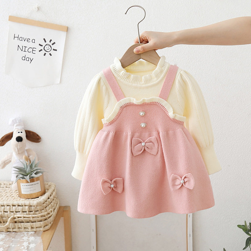 女童针织连衣裙春秋冬季女孩新款宝宝秋装长袖蝴蝶结裙子儿童毛衣