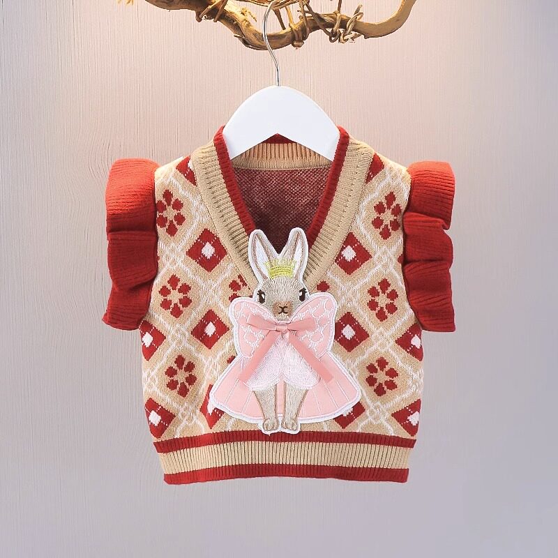 女童马甲春秋季新款儿童洋气秋款外穿卡通兔子女宝宝针织背心童装