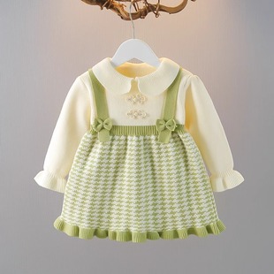 女童连衣裙针织毛衣裙蝴蝶结秋冬女宝韩版公主裙儿童假两件吊带裙