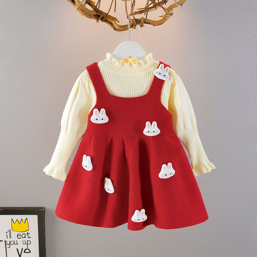 女宝宝两件套针织裙子秋冬装周岁礼服女童卡通公主裙洋气毛衣套装