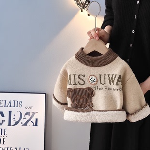 男童一体绒毛衣秋冬加厚羊羔绒针织衫小童儿童卡通打底衫洋气童装