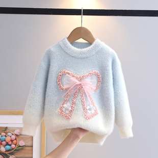 女童装水貂绒毛衣2025新款蝴蝶结圆领公主加绒加厚套头针织打底衫