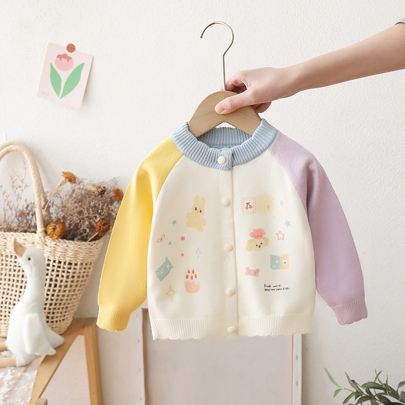 女童针织衫毛衣外套秋冬新款儿童洋气拼色秋装女宝宝开衫上衣外套