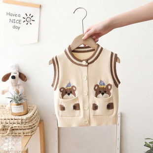 123456岁男童毛衣开衫2025新款秋装卡通外穿口袋宝宝针织马甲背心