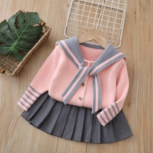女童针织衫毛衣连衣裙子两件套装123456春秋冬季洋气JK裙长袖开衫