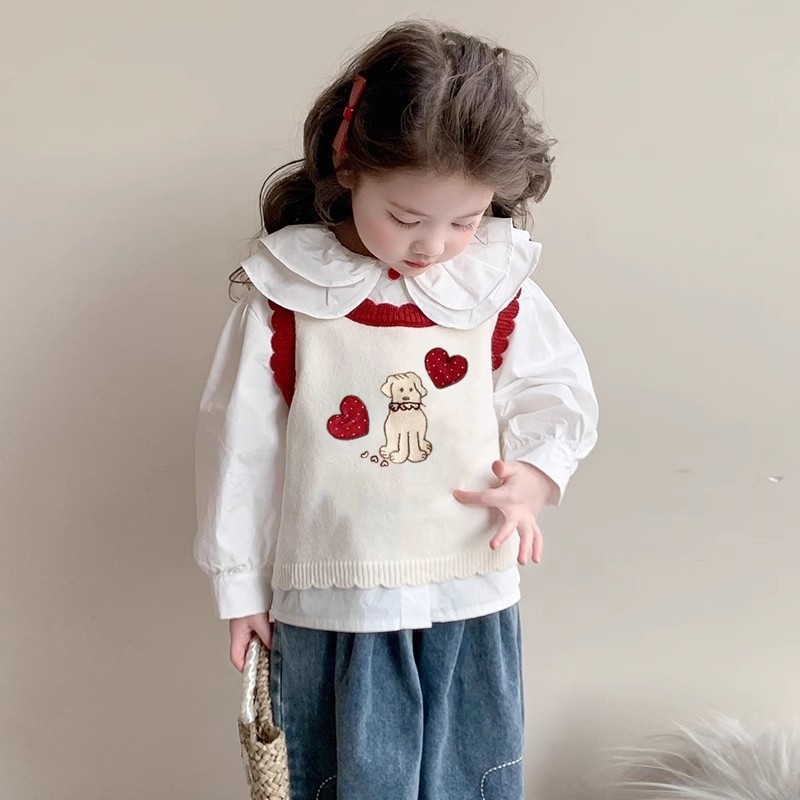 儿童马甲春秋新款女童无袖花边圆领小狗针织衫内搭宝宝毛衣坎肩女