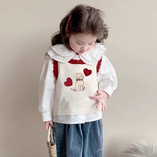 儿童马甲春秋新款女童无袖花边圆领小狗针织衫内搭宝宝毛衣坎肩女