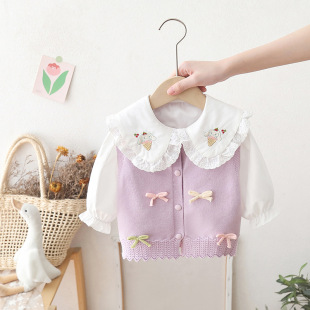 春秋新款 儿童洋气宝宝保暖坎肩毛衣 套装 女童针织马甲背心衬衣开衫