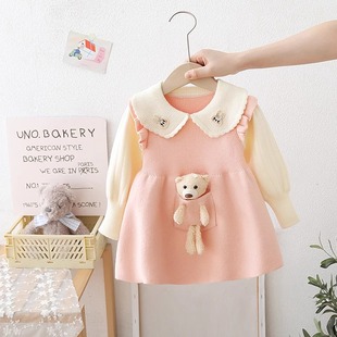 女童针织毛衣连衣裙两件套周岁公主裙洋气卡通裙子套装女宝宝礼服