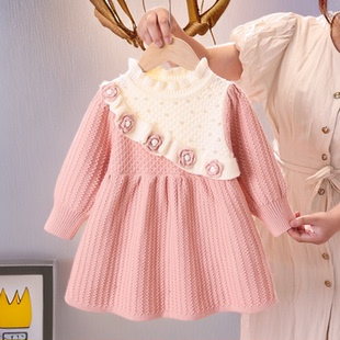 女童针织衫毛衣连衣裙2025新款洋气周岁儿童小女孩女宝宝花朵裙子