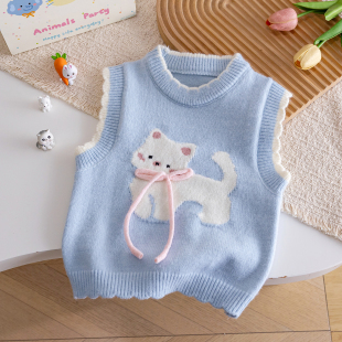 女童针织衫马甲春秋装韩版儿童洋气卡通女宝宝外穿时髦背心毛线衣