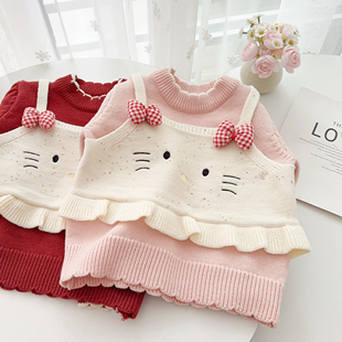 女童假两件毛衣秋冬季2025新款女宝宝洋气时髦加厚冬装针织打底衫