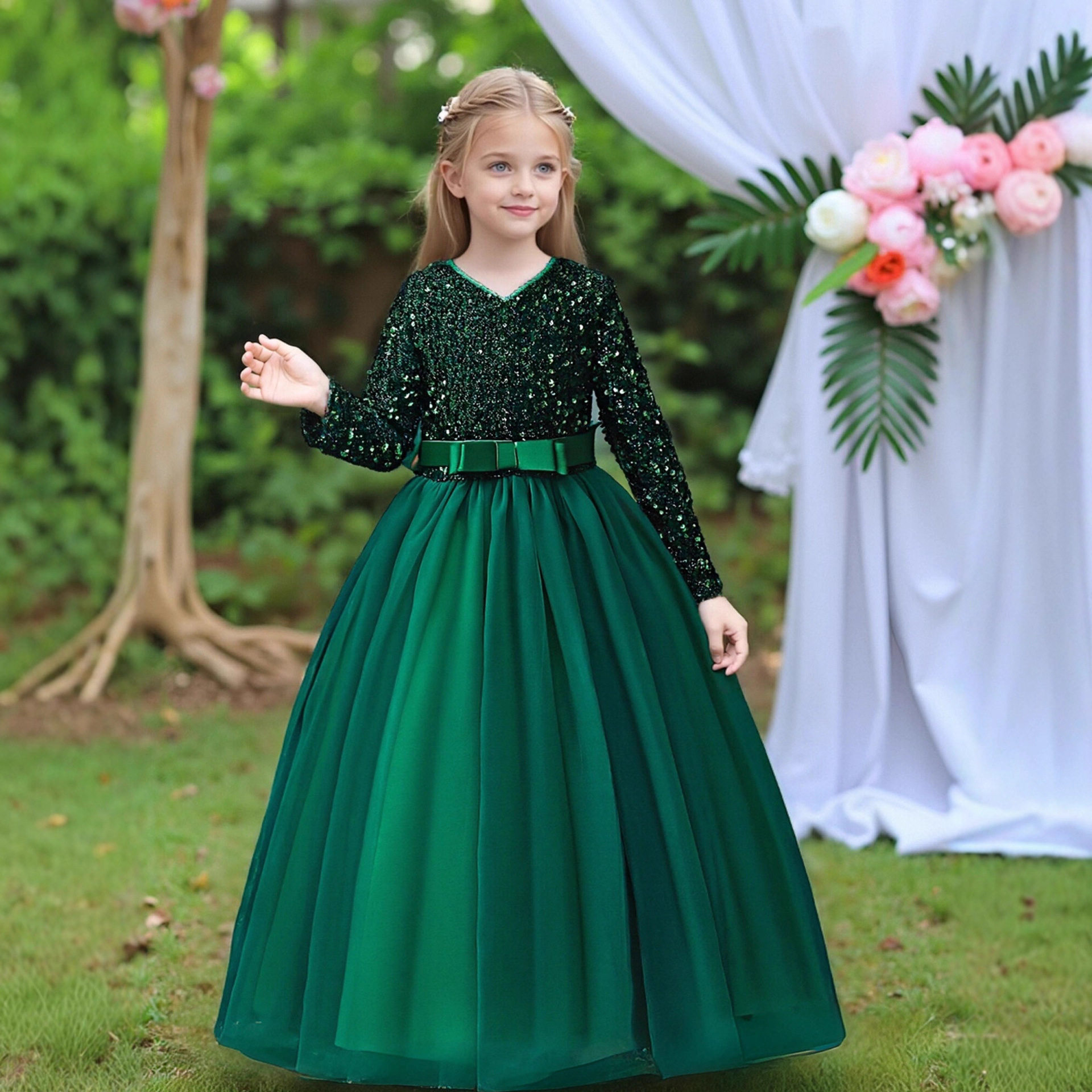 跨境春秋季欧美连身裙女童网纱连衣裙中小童礼服长袖儿童公主裙子