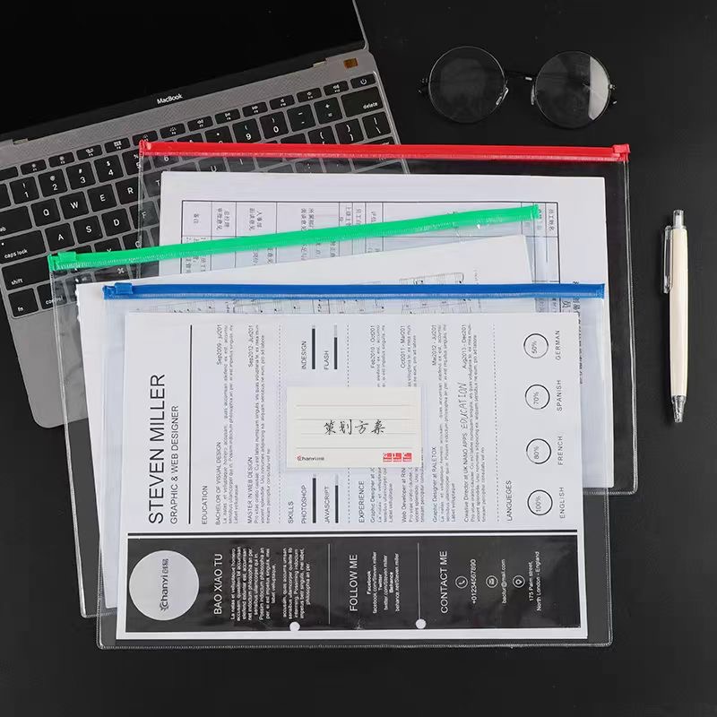 Seboo世宝A4文件袋透明塑料拉链袋文具袋大容量PVC拉边袋简约