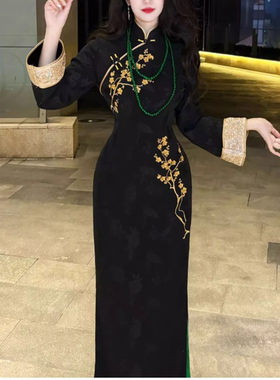 画报夫人新中式黑色旗袍新款冬