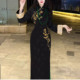 冬高端绝美国风冬装 画报夫人新中式 黑色旗袍新款 连衣裙女金梅报喜