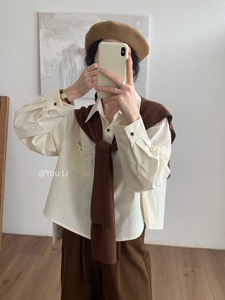 youli韩系通勤简约百搭休闲Polo领单排扣长袖衬衣+针织披肩两件套