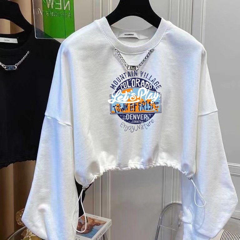 挂链纯棉短款上衣女2025新款爆款春秋卫衣小个子时尚洋气欧货春装