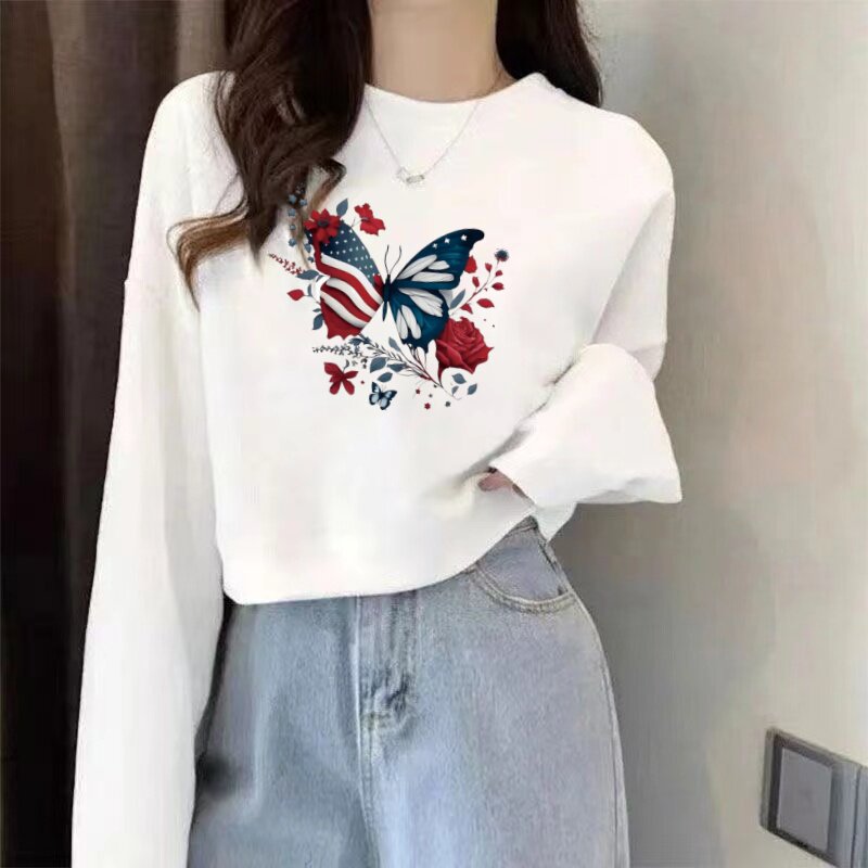 纯棉毛圈蝴蝶印花短款卫衣女白色圆领套头长袖宽松薄款休闲风上衣