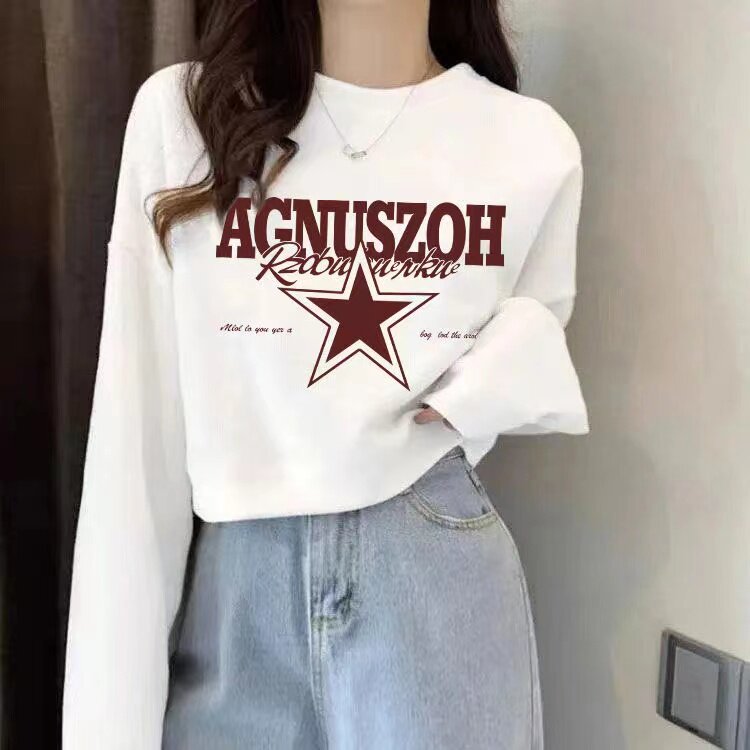 毛圈纯棉春秋韩版宽松印花短款卫衣女白色圆领长袖显瘦慵懒风上衣