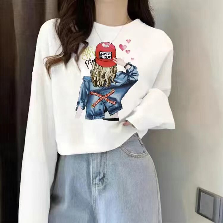 纯棉小个子韩版宽松卡通印花卫衣女白色圆领套头长袖上衣休闲百搭