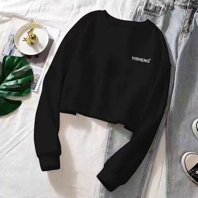 薄款纯棉黑色短款卫衣小个子宽松