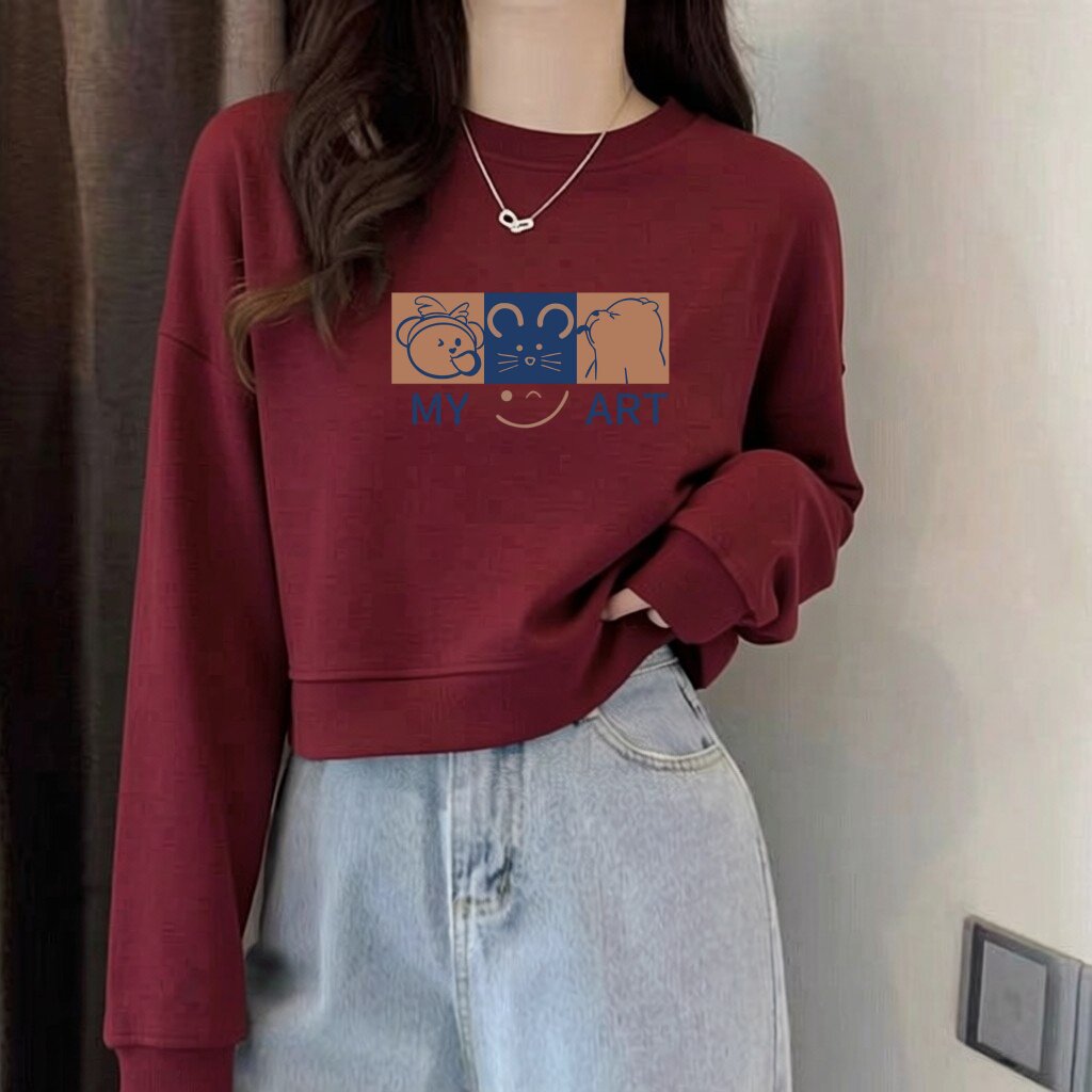纯棉毛圈酒红宽松短款卫衣女
