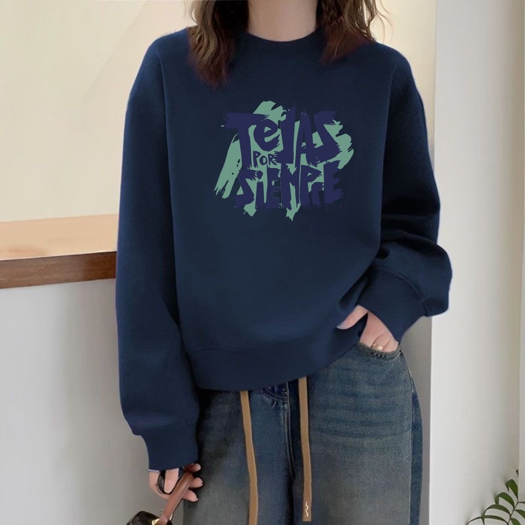 藏青色短款圆领卫衣女春秋款新款薄款宽松时尚洋气印花长袖上衣