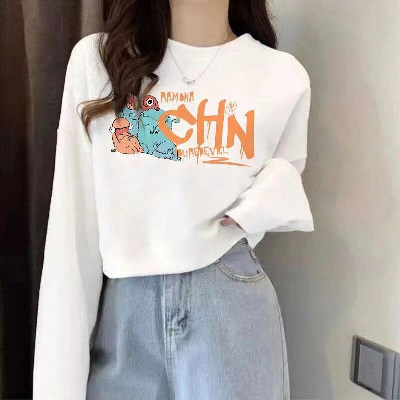 纯棉休闲风白色短款卫衣女印花长袖宽松显瘦小个子时尚洋气上衣