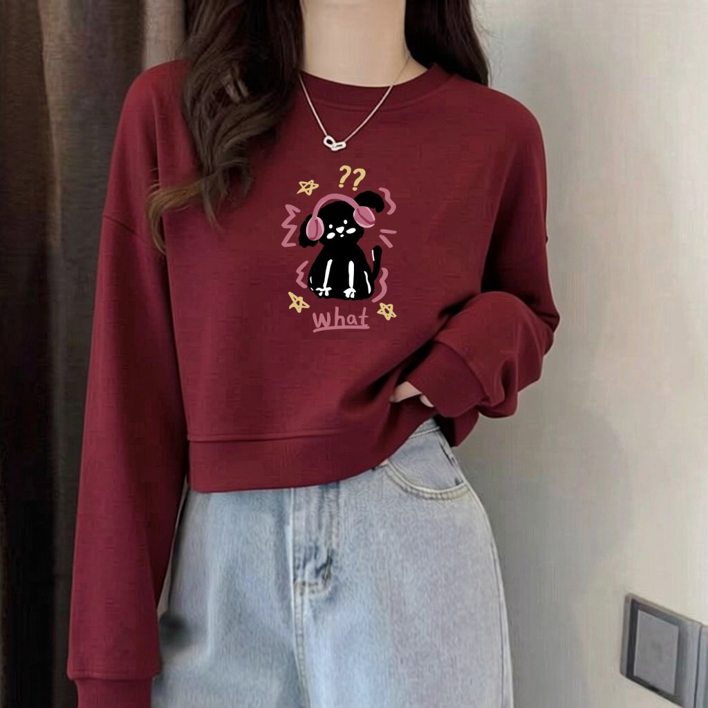 纯棉酒红短款卡通卫衣女