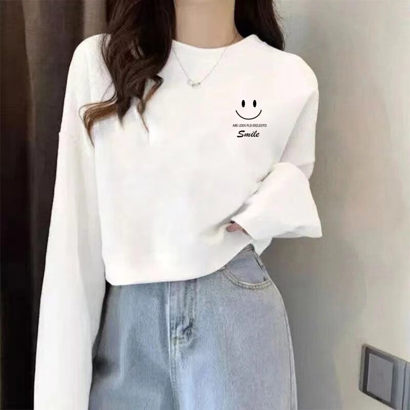 纯棉春秋季韩版笑脸印花短款卫衣女秋季宽松显瘦长袖白色休闲上衣
