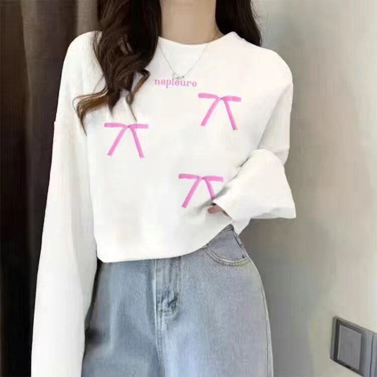 毛圈纯棉小众设计感白色长袖卫衣女宽松蝴蝶结印花短款上衣通勤风