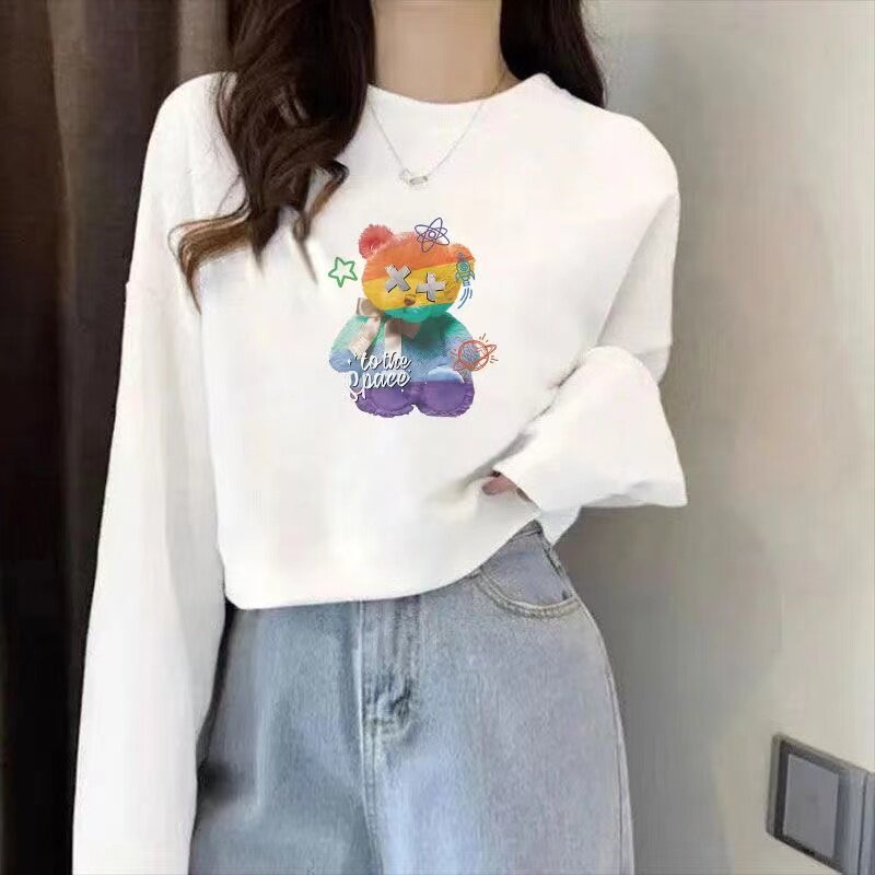 纯棉春秋韩版宽松圆领长袖卫衣女白色卡通印花套头上衣休闲百搭