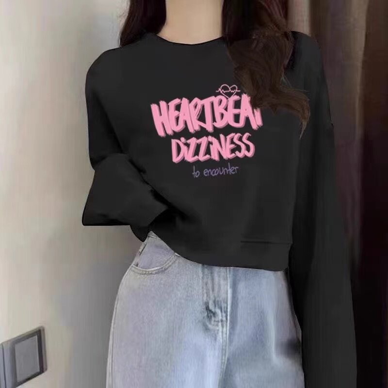 纯棉春秋新款黑色薄款卫衣女短款宽松圆领字母印花小个子显瘦上衣