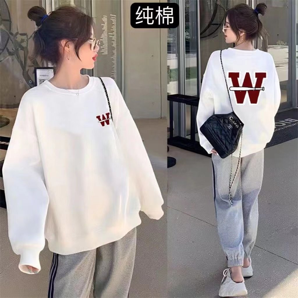 毛圈纯棉欧货休闲卫衣女2025春秋薄款长袖圆领套头时尚W字母上衣