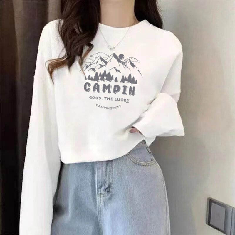 纯棉韩式休闲风印花卫衣女秋季宽松显瘦长袖上衣白色圆领套头衫