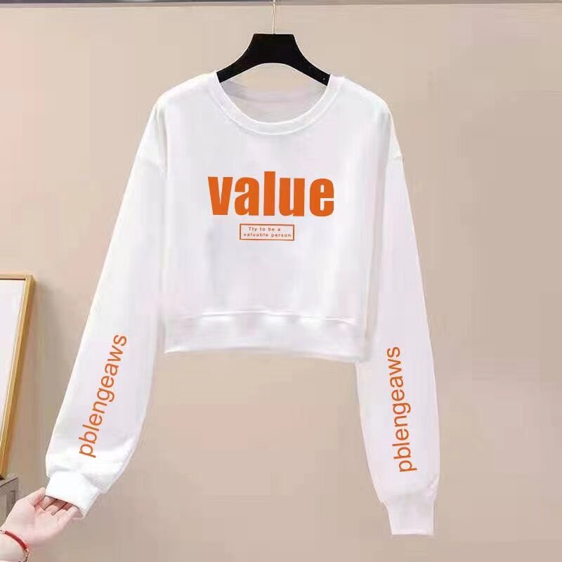 加绒加厚短款圆领卫衣女生小个子高腰宽松显瘦印花字母长袖上衣