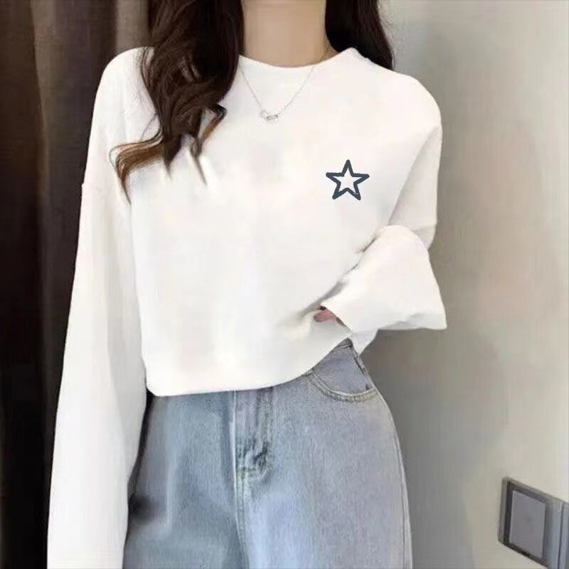 纯棉春秋韩版星星印花短款卫衣女白色宽松长袖百搭显瘦上衣休闲风