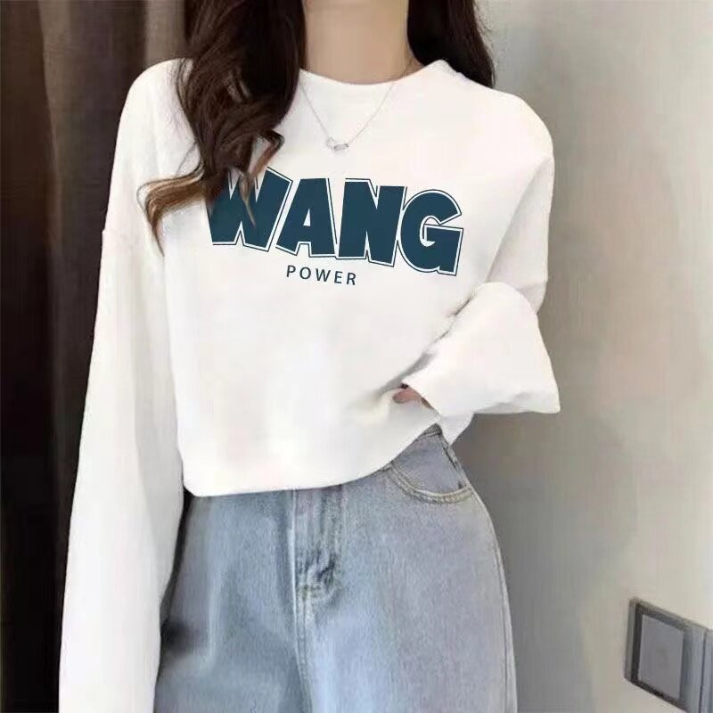 纯棉休闲风字母印花卫衣女宽松薄款圆领套头长袖上衣小个子时尚