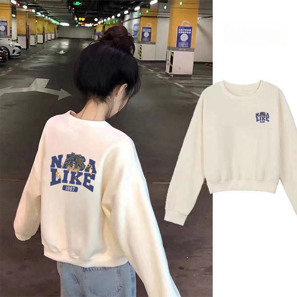 纯棉毛圈美式字母印花短款卫衣女宽松短款白色长袖上衣休闲风春秋