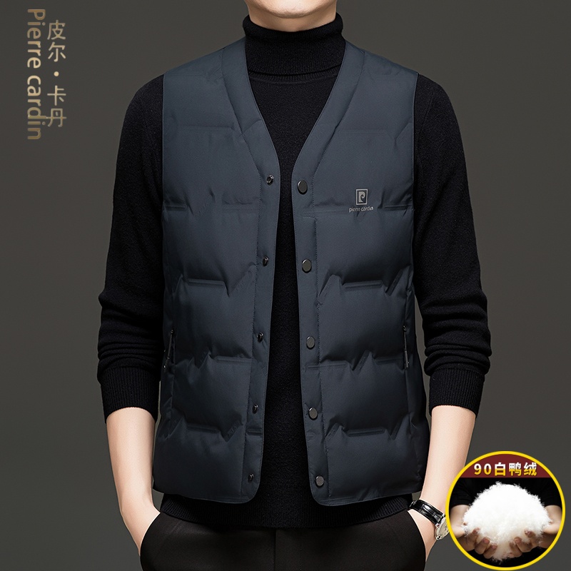 皮尔卡丹男士白鸭绒羽绒背心马甲春秋冬季爸爸装保暖无袖坎肩外套