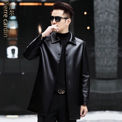 皮尔卡丹头层小牛皮中长款皮衣