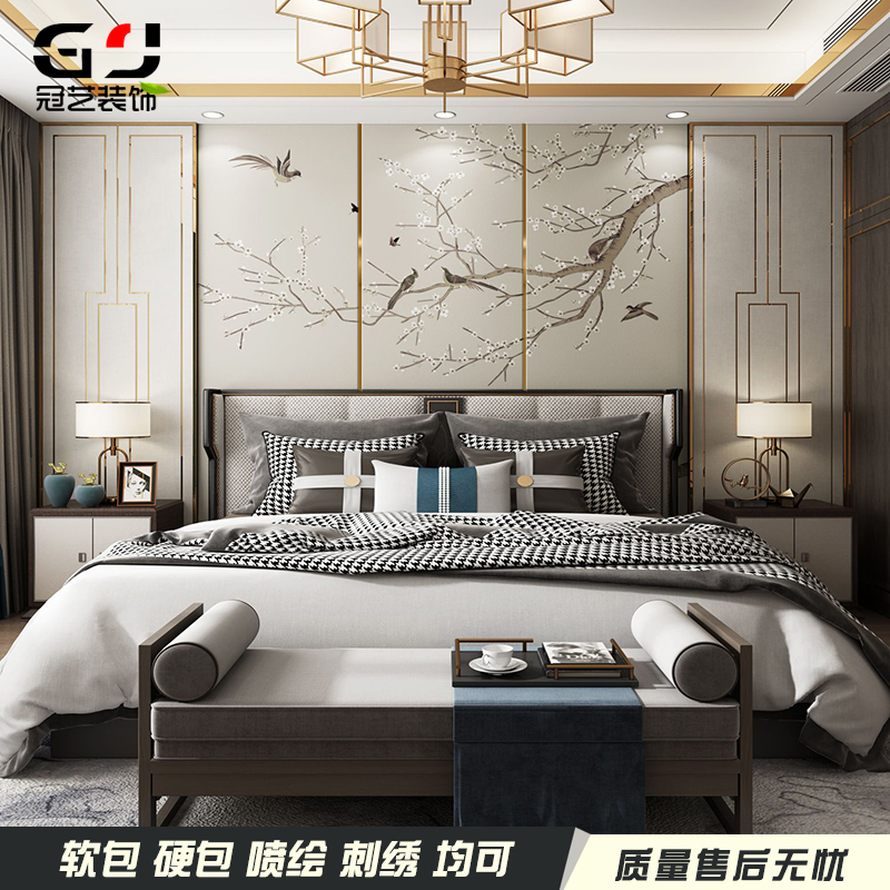 镶嵌新中式客厅皮背景墙硬包冠艺